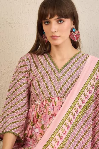 Floral Printed Empire  Cotton A-Line Kurta With Trousers & Dupatta