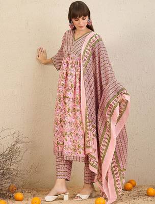 Floral Printed Empire  Cotton A-Line Kurta With Trousers & Dupatta 5