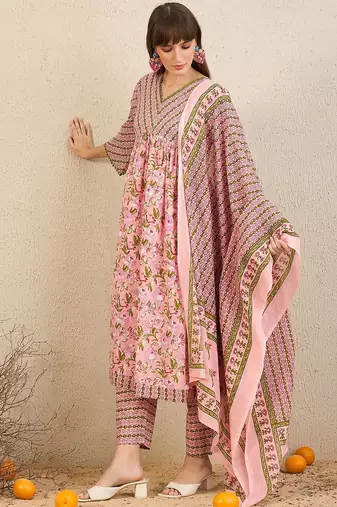 Floral Printed Empire  Cotton A-Line Kurta With Trousers & Dupatta