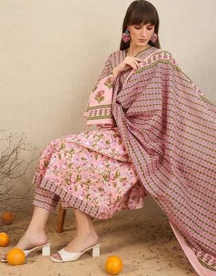 Floral Printed Empire  Cotton A-Line Kurta With Trousers & Dupatta 6