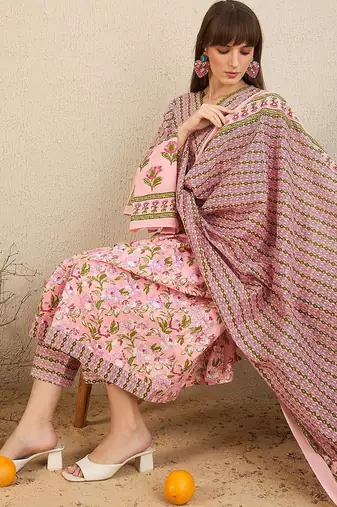 Floral Printed Empire  Cotton A-Line Kurta With Trousers & Dupatta