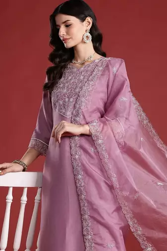 Floral Embroidered Thread Work Kurta with Trousers & Dupatta