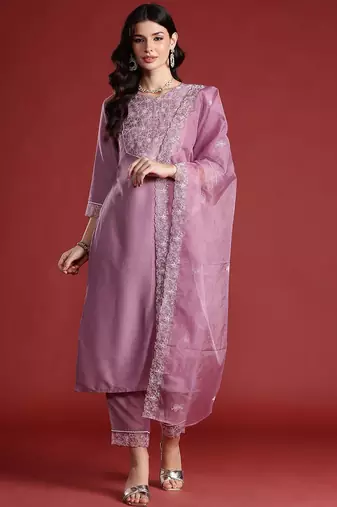 Floral Embroidered Thread Work Kurta with Trousers & Dupatta