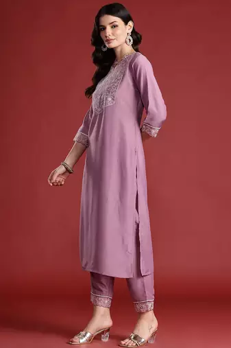 Floral Embroidered Thread Work Kurta with Trousers & Dupatta