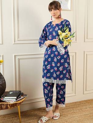 Women Floral Printed Regular Pure Cotton Kurta with Trousers 5