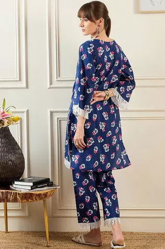 Women Floral Printed Regular Pure Cotton Kurta with Trousers
