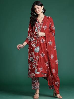 Floral Printed Sequinned Pure Cotton Kurta With Trousers & Dupatta 1