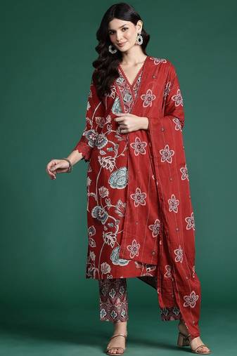 Floral Printed Sequinned  Cotton Kurta With Trousers & Dupatta