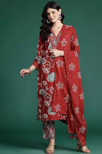 Floral Printed Sequinned Pure Cotton Kurta With Trousers & Dupatta