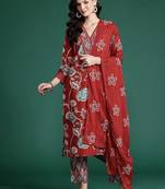 Floral Printed Sequinned Pure Cotton Kurta With Trousers & Dupatta