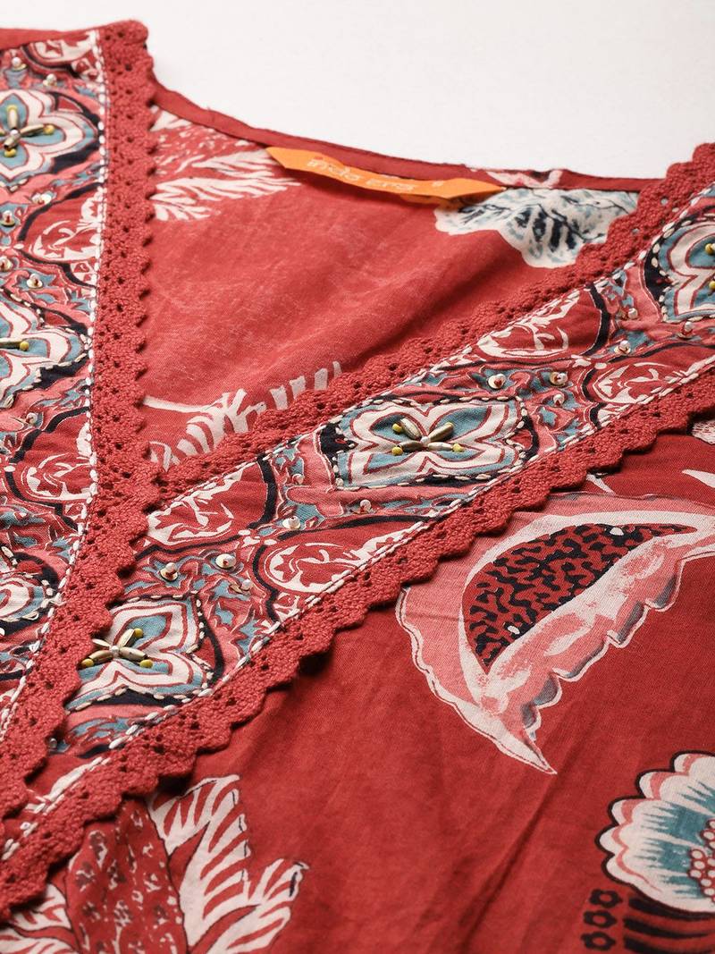 Floral Printed Sequinned Pure Cotton Kurta With Trousers & Dupatta