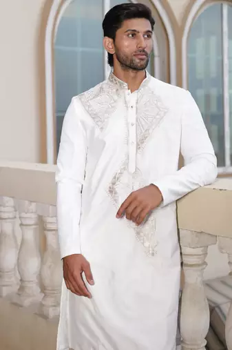 Ivory floral embroidered pure cotton kurta for men