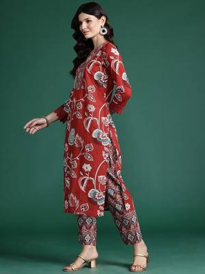 Floral Printed Sequinned Pure Cotton Kurta With Trousers & Dupatta 5