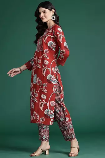 Floral Printed Sequinned Pure Cotton Kurta With Trousers & Dupatta