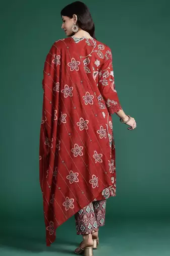 Floral Printed Sequinned Pure Cotton Kurta With Trousers & Dupatta