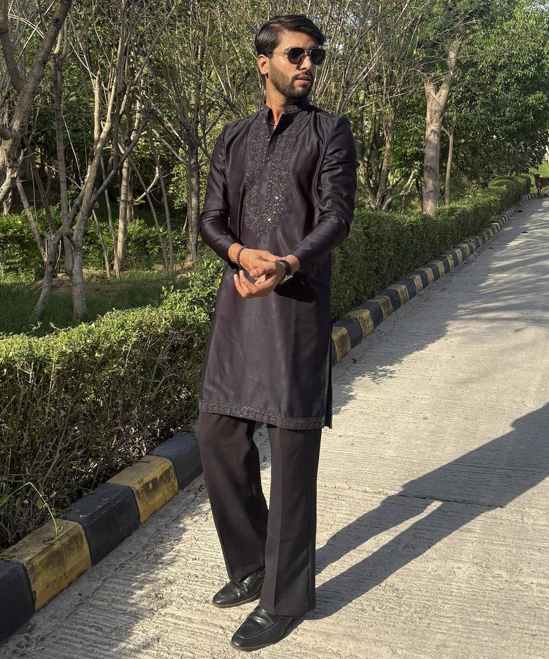 Navy blue floral embroidered & sequin embellished cotton festive kurta for men