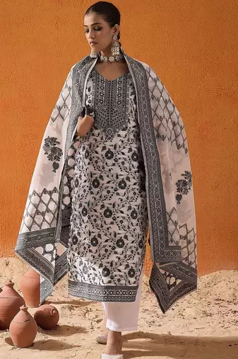 White Ethnic Motifs Woven Design Straight Kurta with Trousers & Dupatta