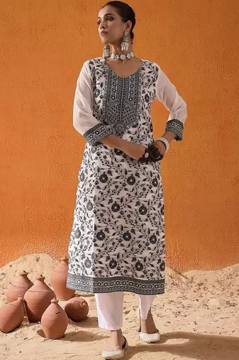 White Ethnic Motifs Woven Design Straight Kurta with Trousers & Dupatta
