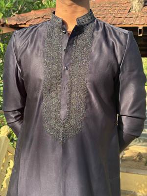 Navy blue floral embroidered & sequin embellished cotton festive kurta for men 4