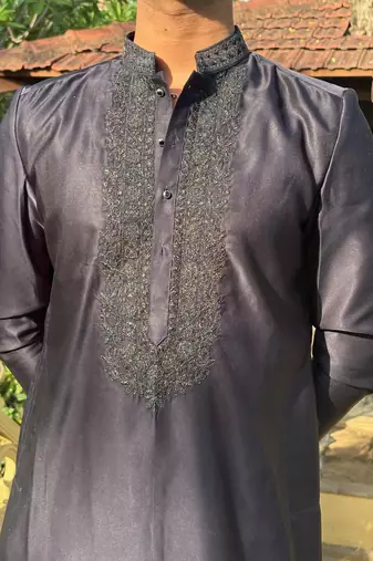 Navy blue floral embroidered & sequin embellished cotton festive kurta for men