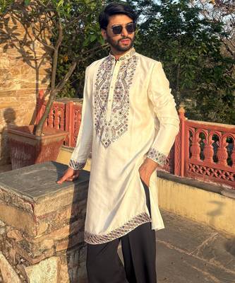 Cream kurta with multi colour stone work yoke embroidery for men 1