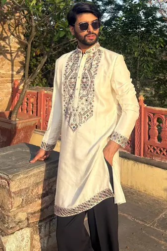 Cream kurta with multi colour stone work yoke embroidery for men