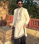 Cream kurta with multi colour stone work yoke embroidery for men