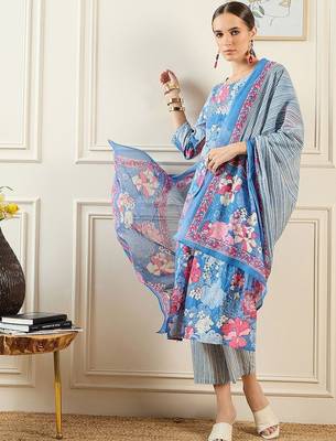 Floral Printed  Cotton Kurta With Trousers & Dupatta 1