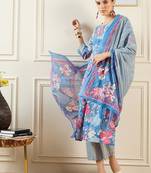 Floral Printed  Cotton Kurta With Trousers & Dupatta