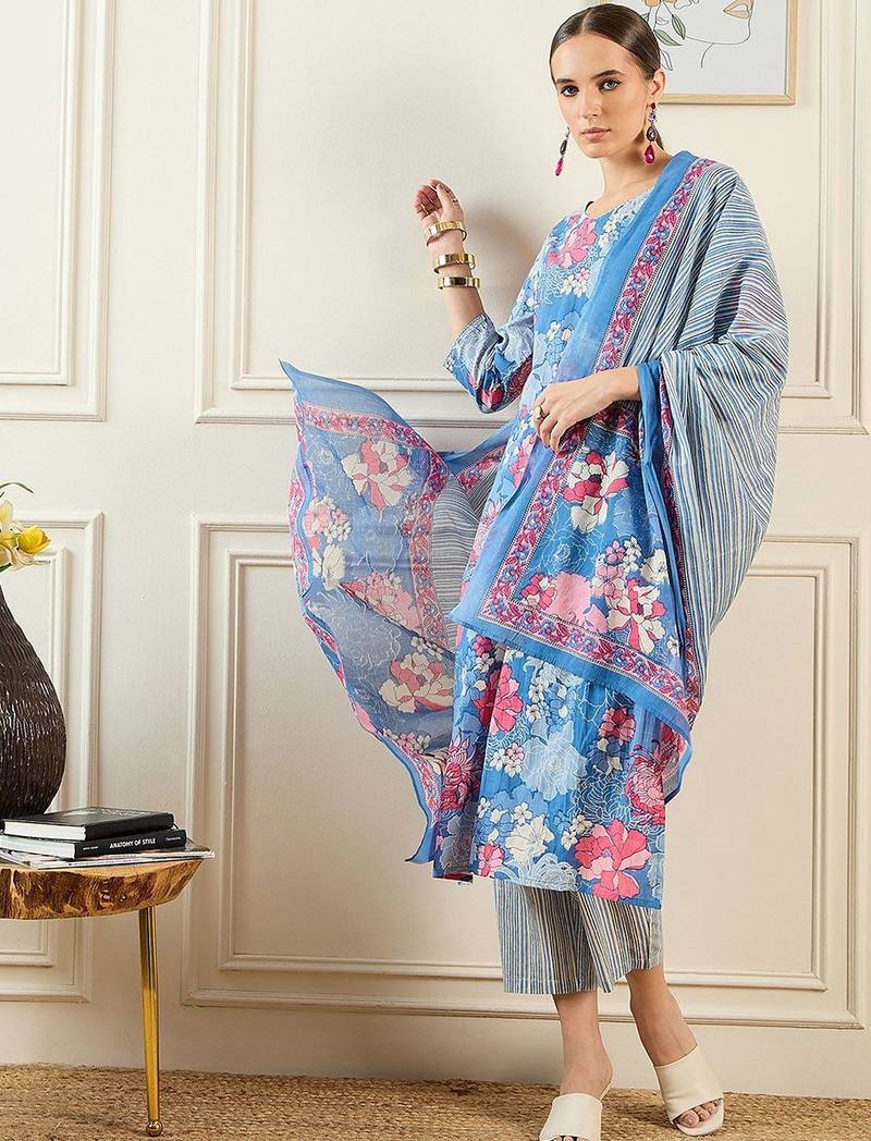 Floral Printed Pure Cotton Kurta With Trousers & Dupatta
