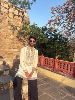 Cream kurta with multi colour stone work yoke embroidery for men 2