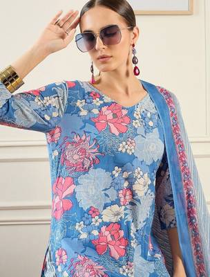Floral Printed  Cotton Kurta With Trousers & Dupatta 2