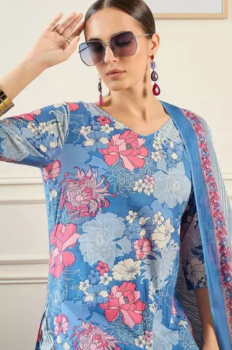 Floral Printed  Cotton Kurta With Trousers & Dupatta
