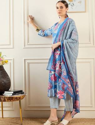 Floral Printed  Cotton Kurta With Trousers & Dupatta 5