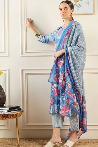 Floral Printed  Cotton Kurta With Trousers & Dupatta