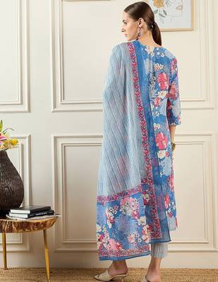 Floral Printed  Cotton Kurta With Trousers & Dupatta 6