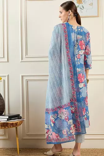 Floral Printed  Cotton Kurta With Trousers & Dupatta