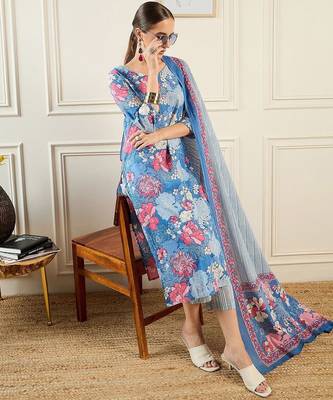 Floral Printed  Cotton Kurta With Trousers & Dupatta 7