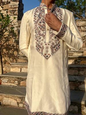 Cream kurta with multi colour stone work yoke embroidery for men 3