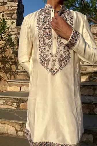 Cream kurta with multi colour stone work yoke embroidery for men