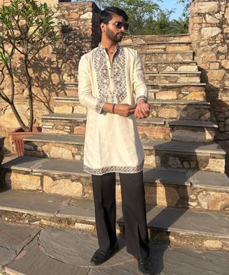 Cream kurta with multi colour stone work yoke embroidery for men 4