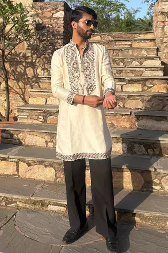 Cream kurta with multi colour stone work yoke embroidery for men