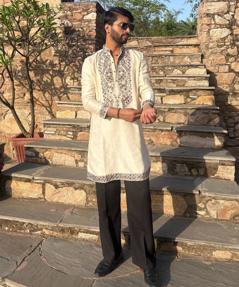 Cream kurta with multi colour stone work yoke embroidery for men