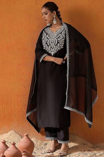 Black Floral Yoke Design Straight Sequinned Kurta With Trousers & Dupatta