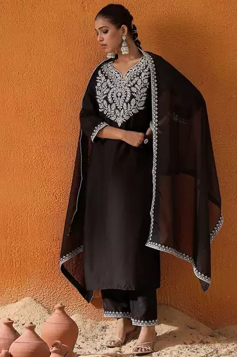 Black Floral Yoke Design Straight Sequinned Kurta With Trousers & Dupatta