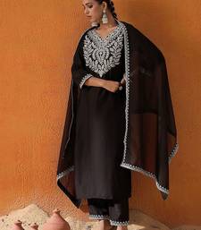 Black Floral Yoke Design Straight Sequinned Kurta With Trousers & Dupatta