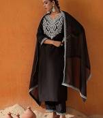 Black Floral Yoke Design Straight Sequinned Kurta With Trousers & Dupatta