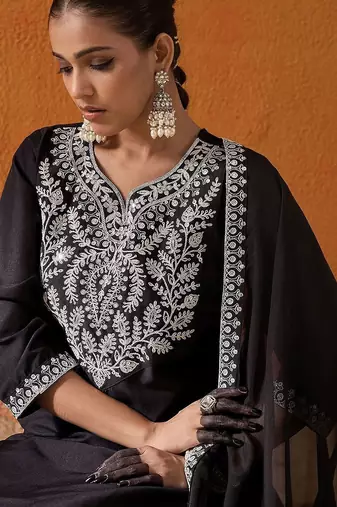 Black Floral Yoke Design Straight Sequinned Kurta With Trousers & Dupatta