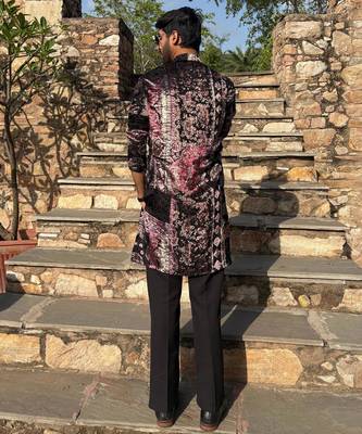 Black and wine paisley printed premium velvet partywear kurta for men 2