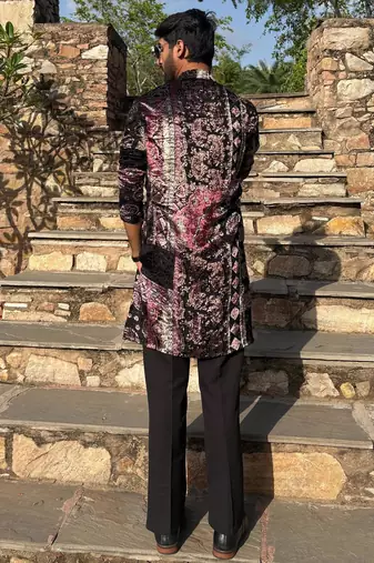 Black and wine paisley printed premium velvet partywear kurta for men